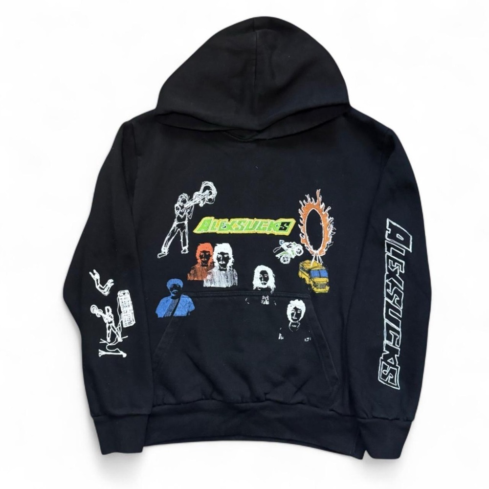 NWT ALEXSUCKS Unisex Alt Indie Band Abstract Graphic Print Black Hoodie — SMALL